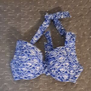 Barbara Erickson Blue and White Floral Halter Bikini Top size small